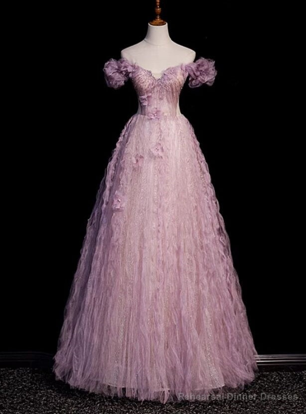 Purple Tulle Off the Shoulder Beading Flower Prom Dress Main image