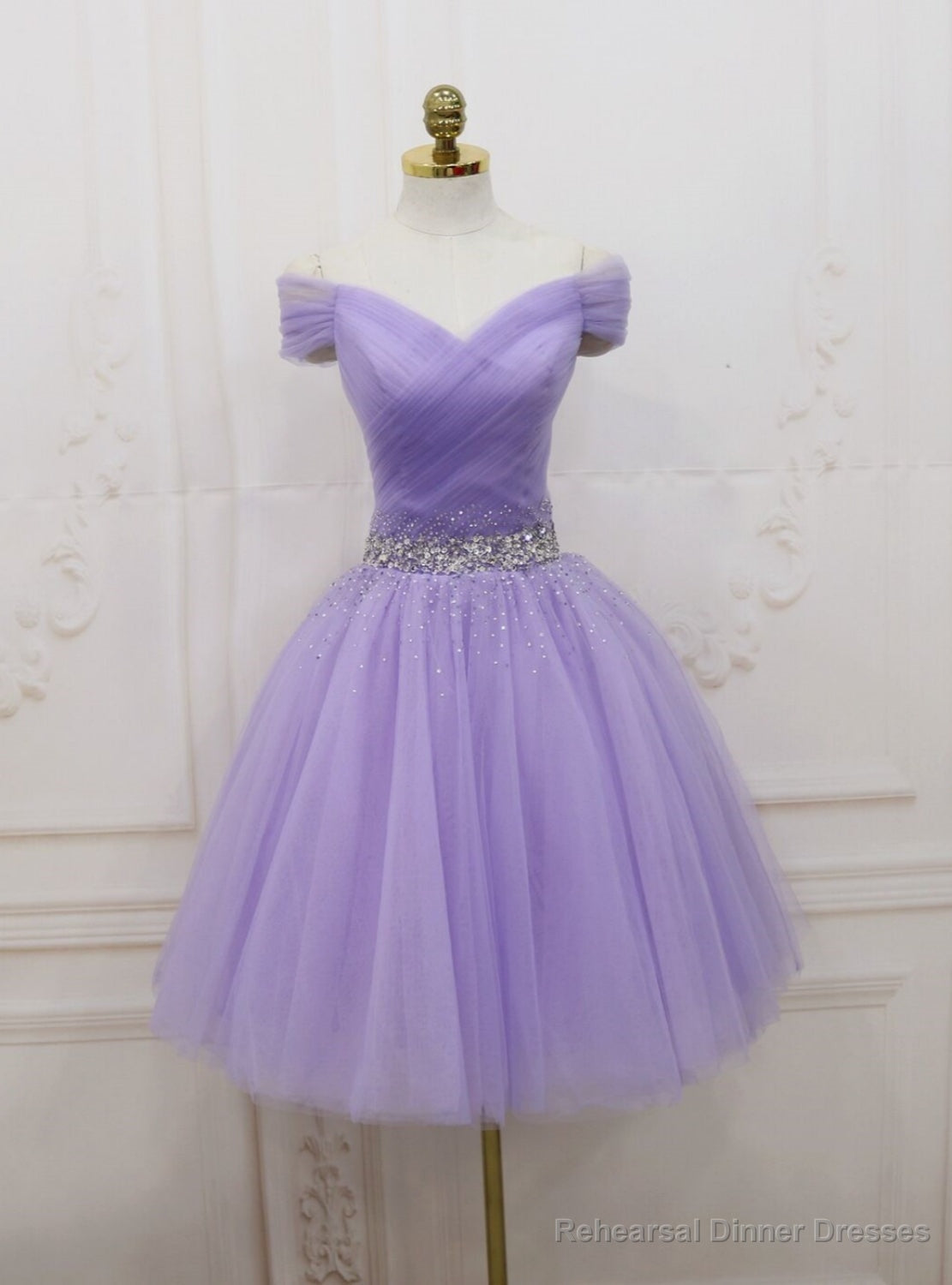 Purple Tulle Off the Shoulder Pleats Beading Homecoming Dress Main image