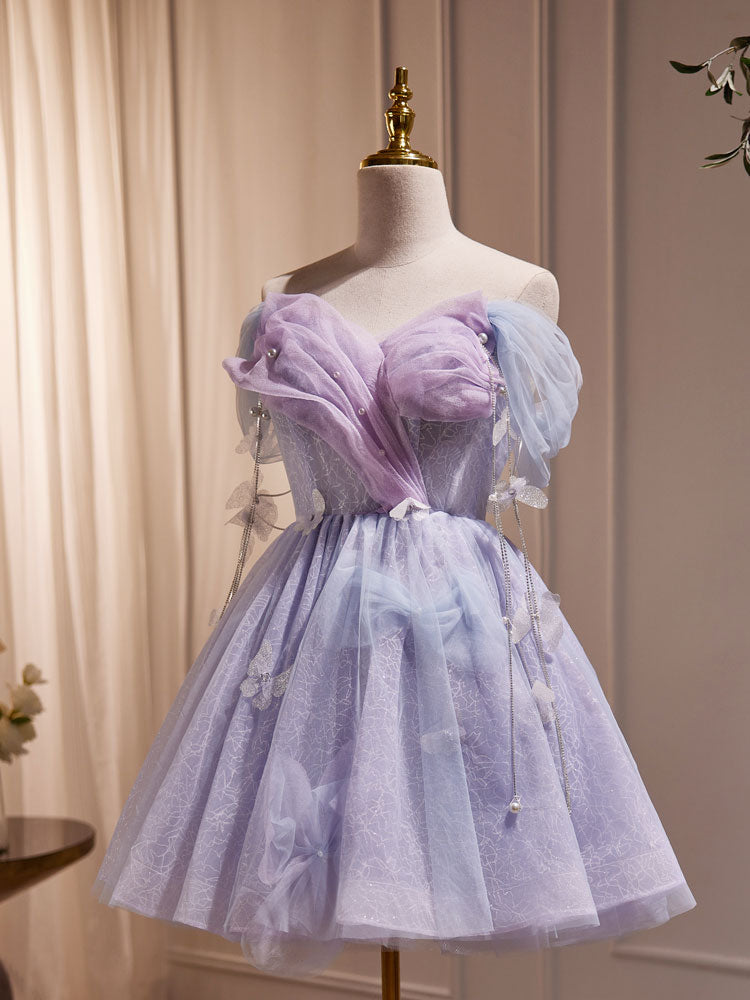 Purple Tulle Puffy Short Classy Prom Dress, Cute Purple Homecoming Dress