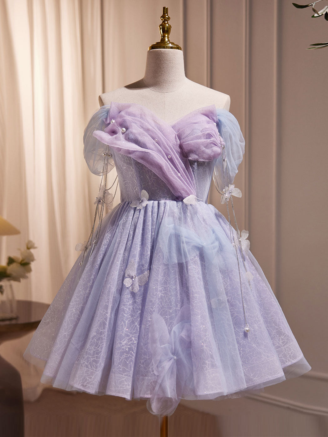 Purple Tulle Puffy Short Classy Prom Dress, Cute Purple Homecoming Dress Main image