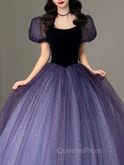Purple Tulle Sequin Long Evening Prom Dress, Purple Evening Dress