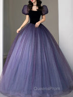 Purple Tulle Sequin Long Evening Prom Dress, Purple Evening Dress