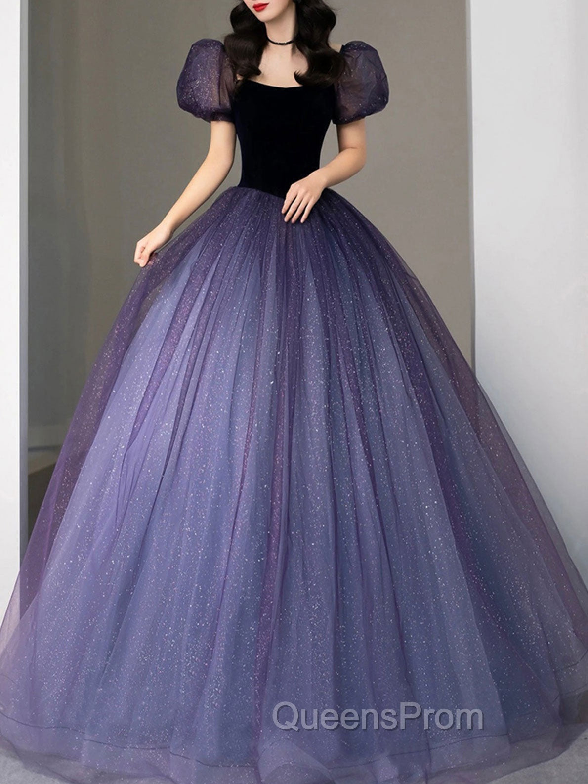 Purple Tulle Sequin Long Evening Prom Dress, Purple Evening Dress