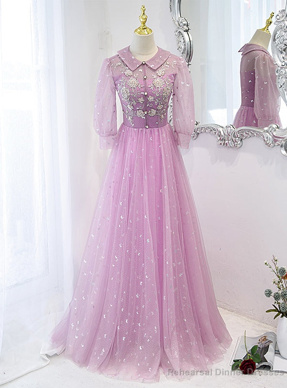 Purple Tulle Sequins Beading Short Sleeve Prom Dress Main image