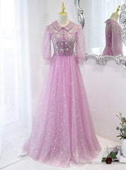Purple Tulle Sequins Beading Short Sleeve Prom Dress