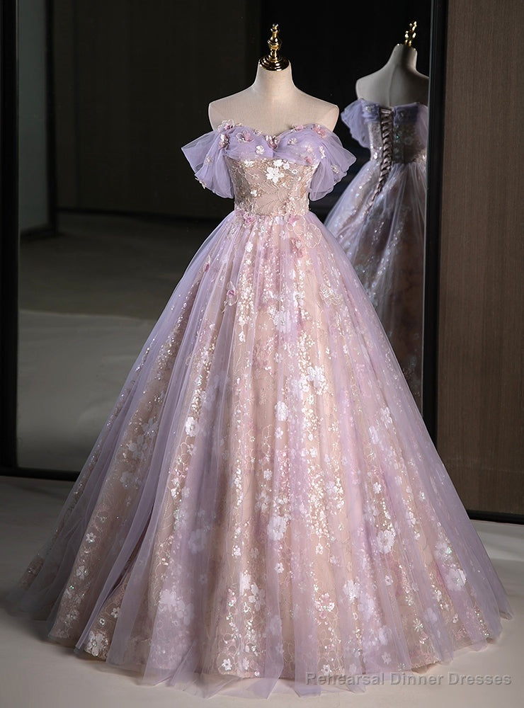 Purple Tulle Sequins Off the Shoulder Princess Quinceanera Dress Main image
