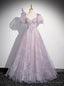 Purple Tulle Sequins Short Sleeve Beading Prom Dress