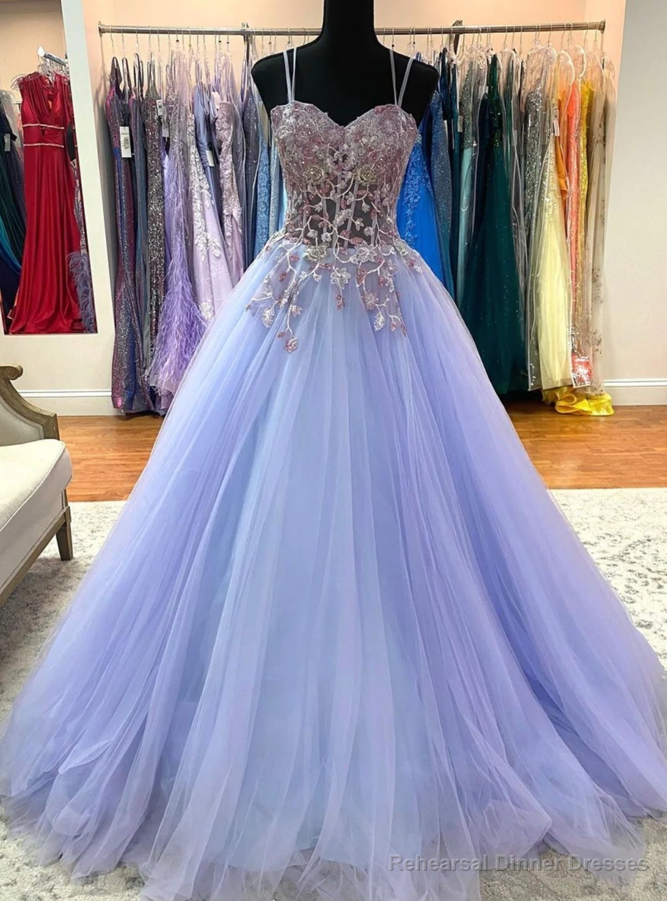 Purple Tulle Spaghetti Straps Appliques Prom Dress Main image