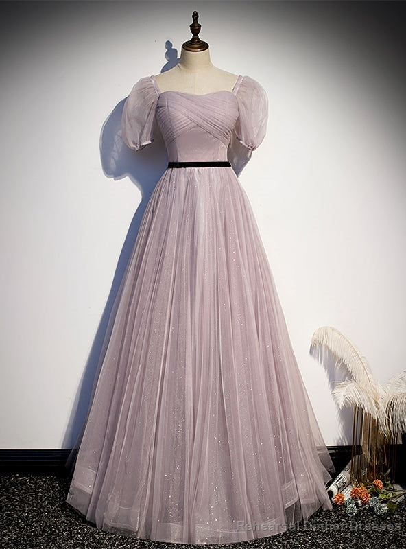 Purple Tulle Square Short Sleeve Pleats Prom Dress Main image