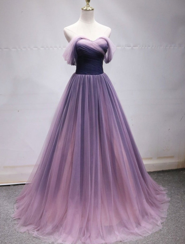 Purple Tulle Sweetheart Gradient Off Shoulder Long Party Dress, A-Line Tulle Classy Prom Dress Party Dress Main image