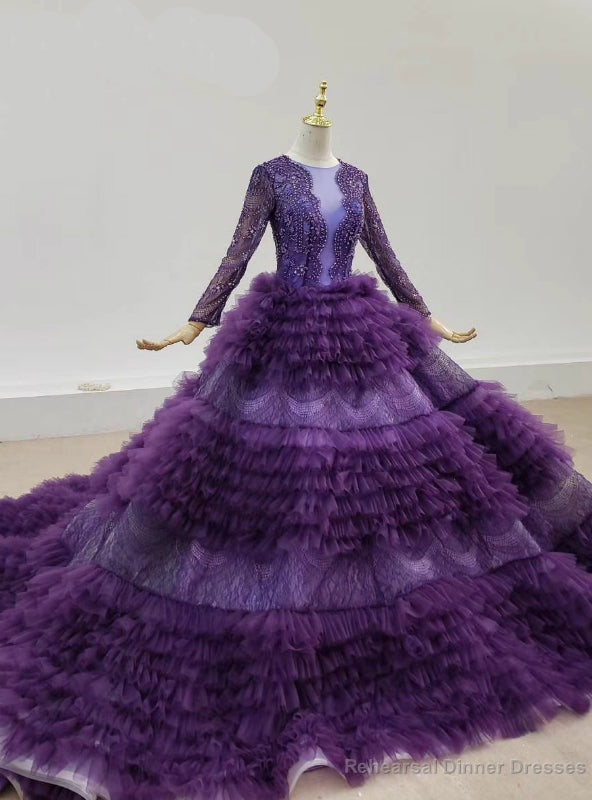 Purple Tulle Tiers Long Sleev See Through V-neck Wedding Dress Main image