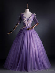 Purple Tulle V-neck Appliques Short Sleeve Quinceanera Dress