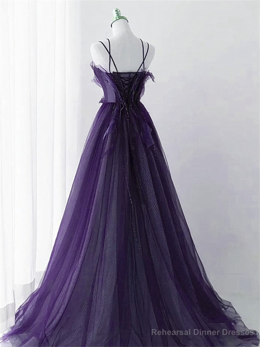 Purple Tulle with Lace Applique Long Prom Dress, Purple Long Formal Dress
