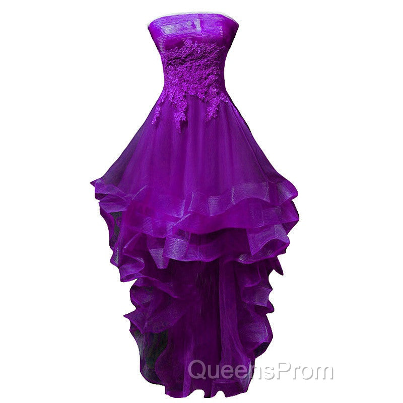 Purple Tulle With Lace High Low Party Dress Evening Dress, Purple Homecoming Dress