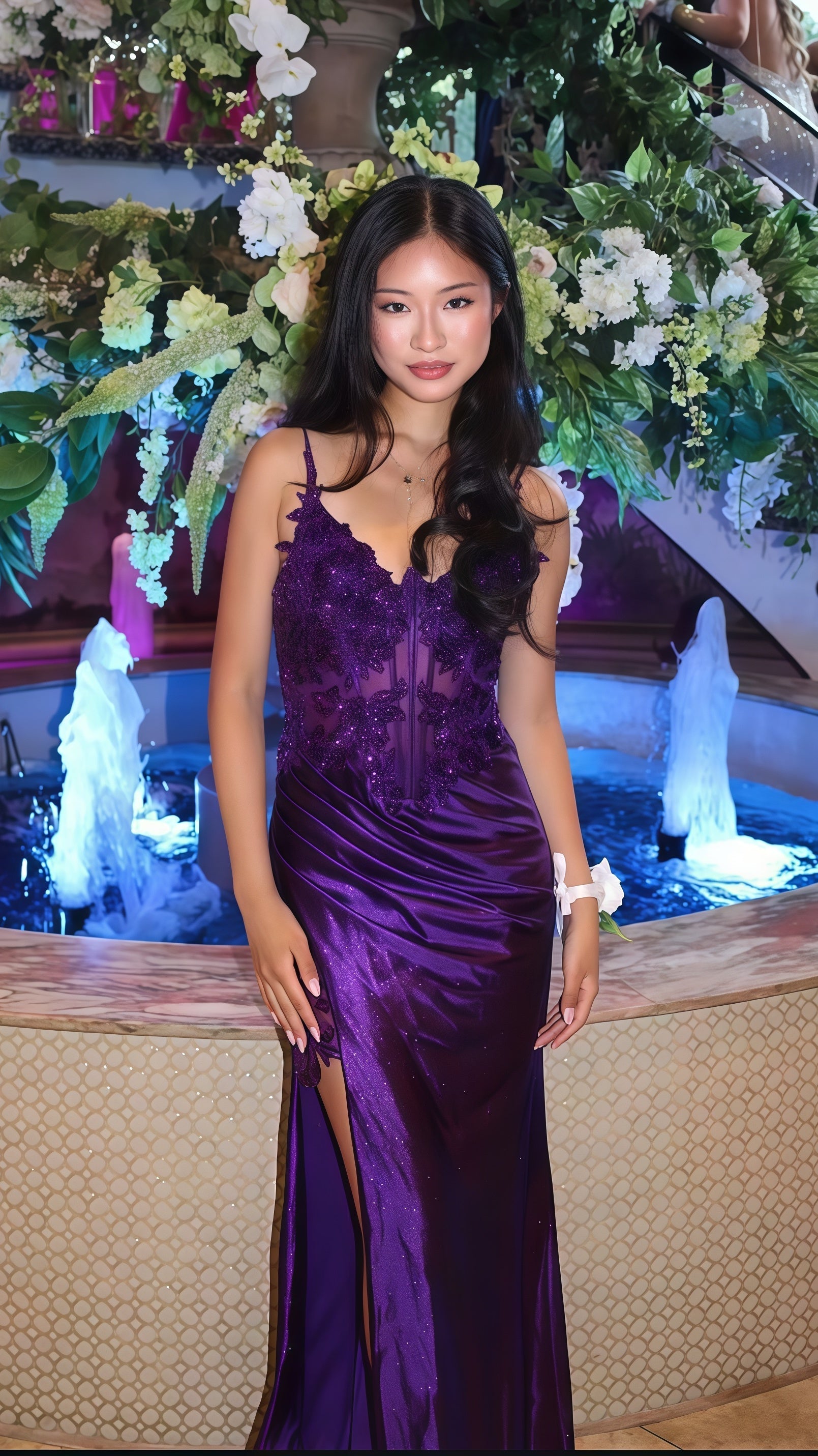 Purple V-Neck Appliques Lace Party Dress With Side Slit