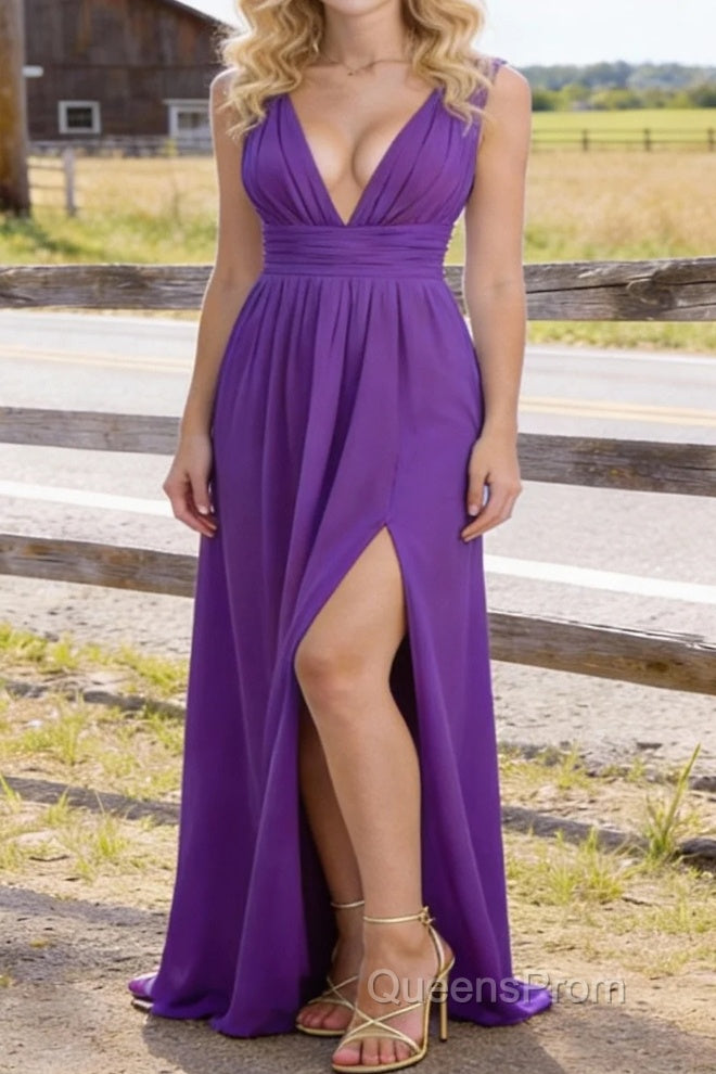 Purple V Neck Chiffon Floor Length Bridesmaid Dresses Long Bridesmaid Dress With Pleated Split Main image