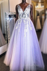Purple v neck lace applique long Evening Prom Dress purple formal Dress