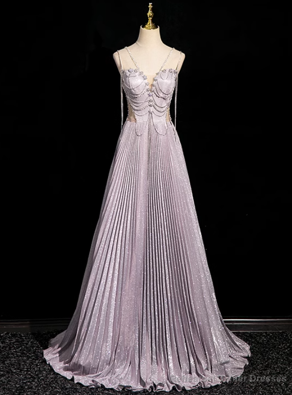 Purple V-neck Straps Beading Prom Dress Main image