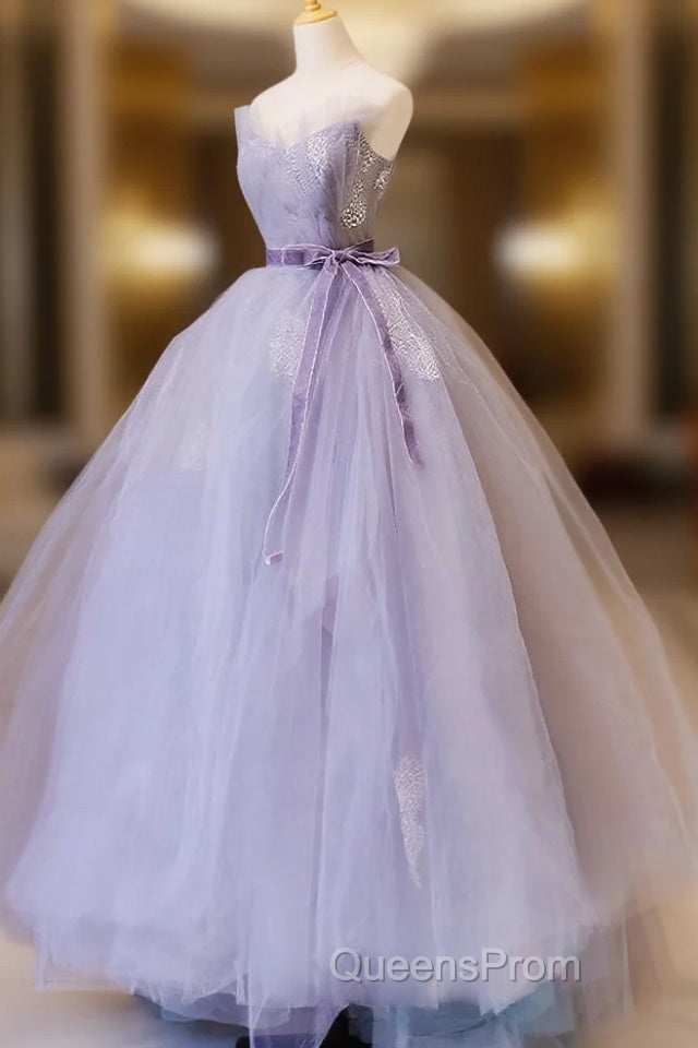 Purple V Neck Tulle Lace Long Evening Prom Dress, Purple Formal Sweet 16 Dress Main image