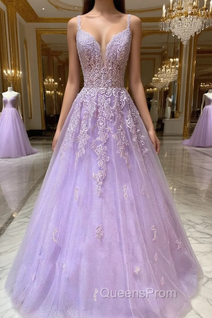 Purple v neck tulle lace long Evening Prom Dress purple lace formal Dress Main image