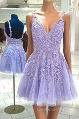 Purple v neck tulle lace short Evening Prom Dress lace cocktail Dress