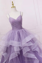 Purple V-Neck Tulle Long Prom Dress, Spaghetti Straps A-Line Evening Dress