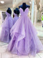 Purple V Neck Tulle Sequin Long Classy Prom Dress, Purple Prom Dress