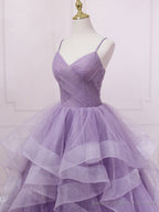 Purple V Neck Tulle Sequin Long Prom Dress Purple Tulle Formal Party Dress
