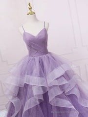 Purple V Neck Tulle Sequin Long Prom Dress Purple Tulle Formal Party Dress