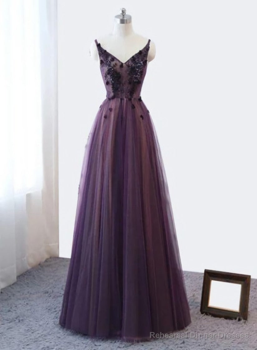 Purple V-neckline Tulle Lace Applique Party Dress, Purple Formal Dress Prom Dress Secondary image