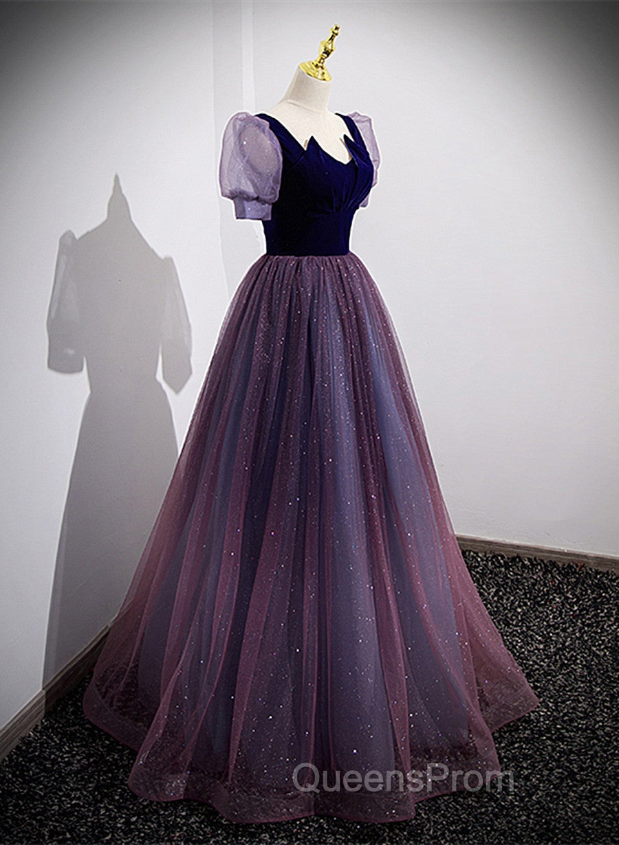 Purple Velvet And Tulle Short Sleeves Evening Dress, Purple A-Line Formal Dress Evening Prom Dress Secondary image