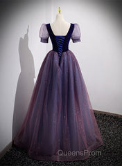 Purple Velvet And Tulle Short Sleeves Evening Dress, Purple A-Line Formal Dress Evening Prom Dress