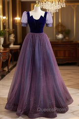 Purple Velvet And Tulle Short Sleeves Evening Dress, Purple A-Line Formal Dress Evening Prom Dress