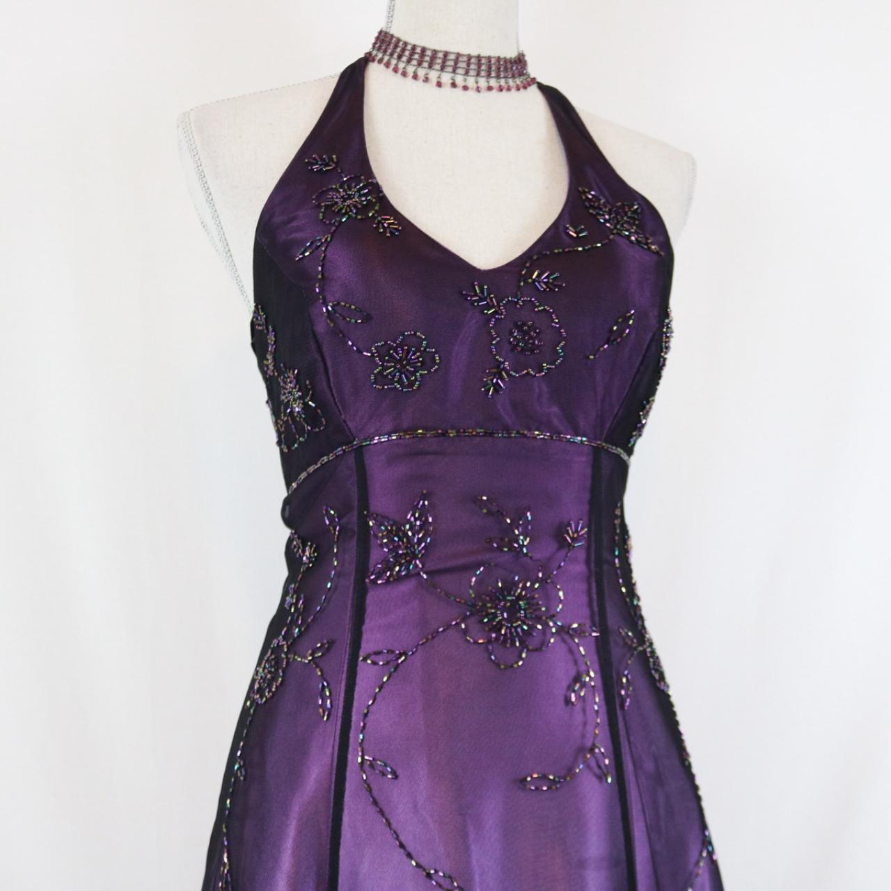 Purple Vintage Fashion Ombre Beaded Empire Waist Halter Long Elegant Classy Prom Gown Classy Evening Gown Party Dress
