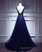 Dark Blue Lace V Neck Long Evening Prom Dress, Lace Evening Dress