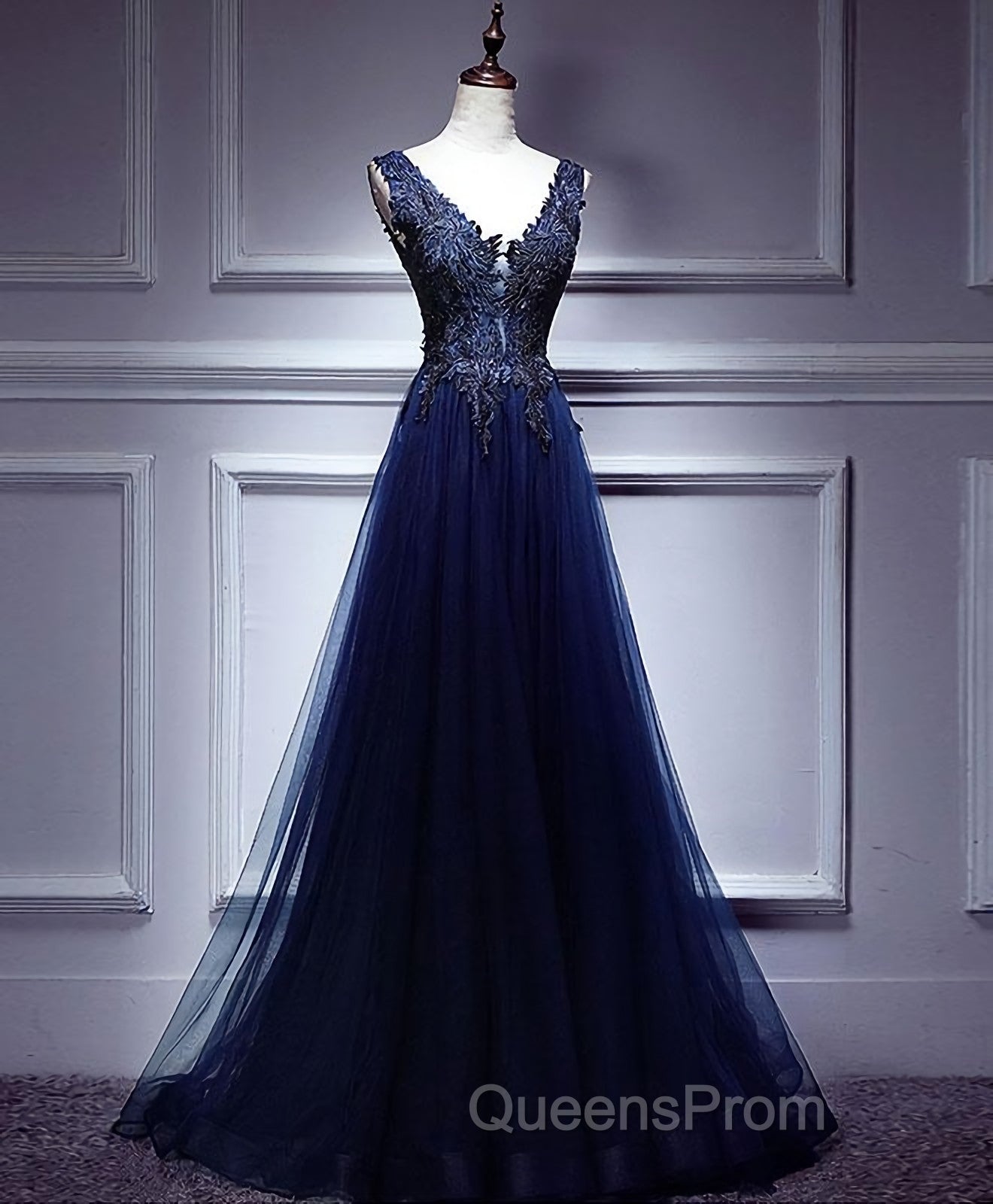 Dark Blue Lace V Neck Long Evening Prom Dress, Lace Evening Dress Secondary image