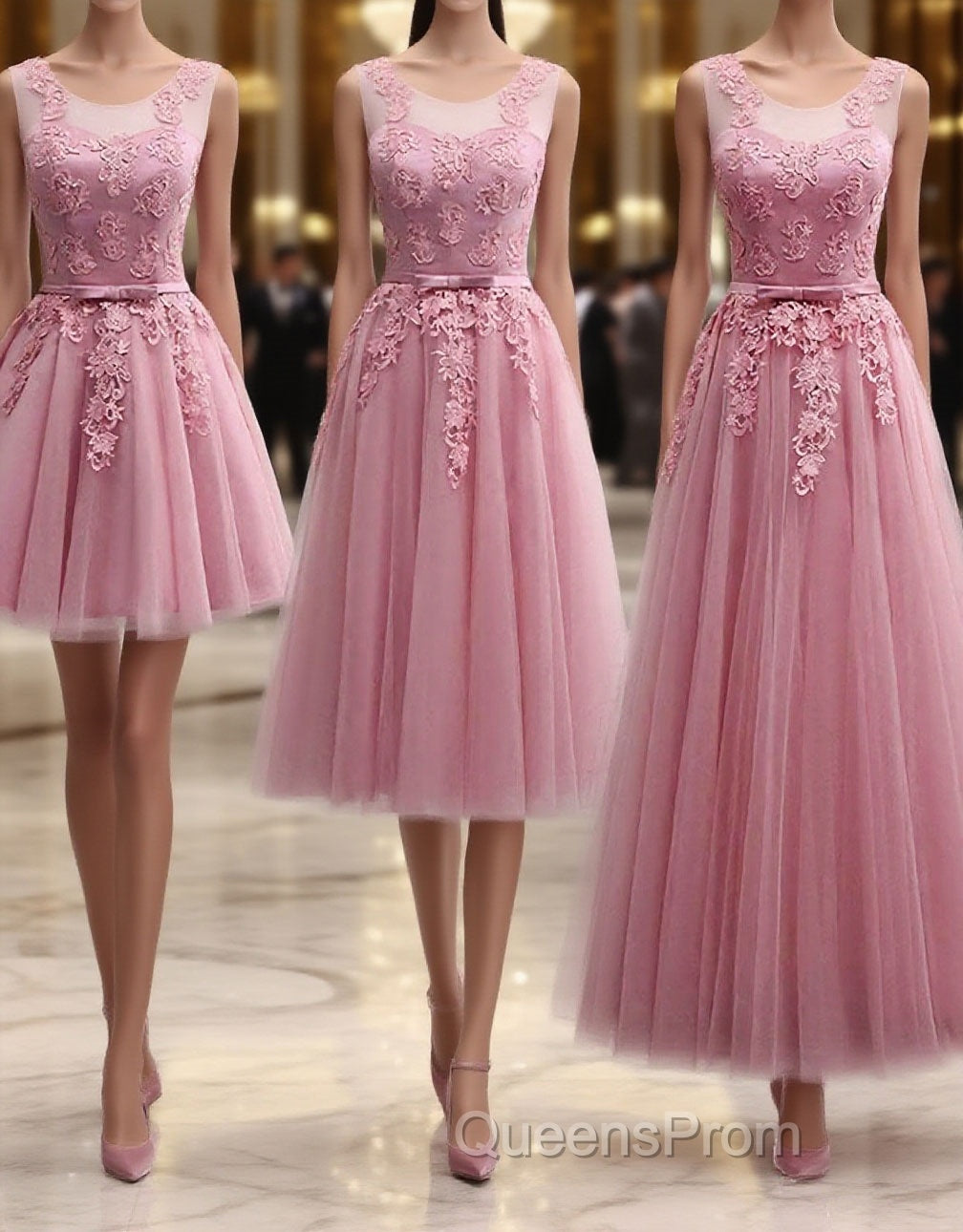 Pink Round Neck Lace Tulle Evening Prom Dress, Lace Evening Dress Main image