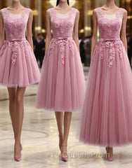 Pink Round Neck Lace Tulle Evening Prom Dress, Lace Evening Dress
