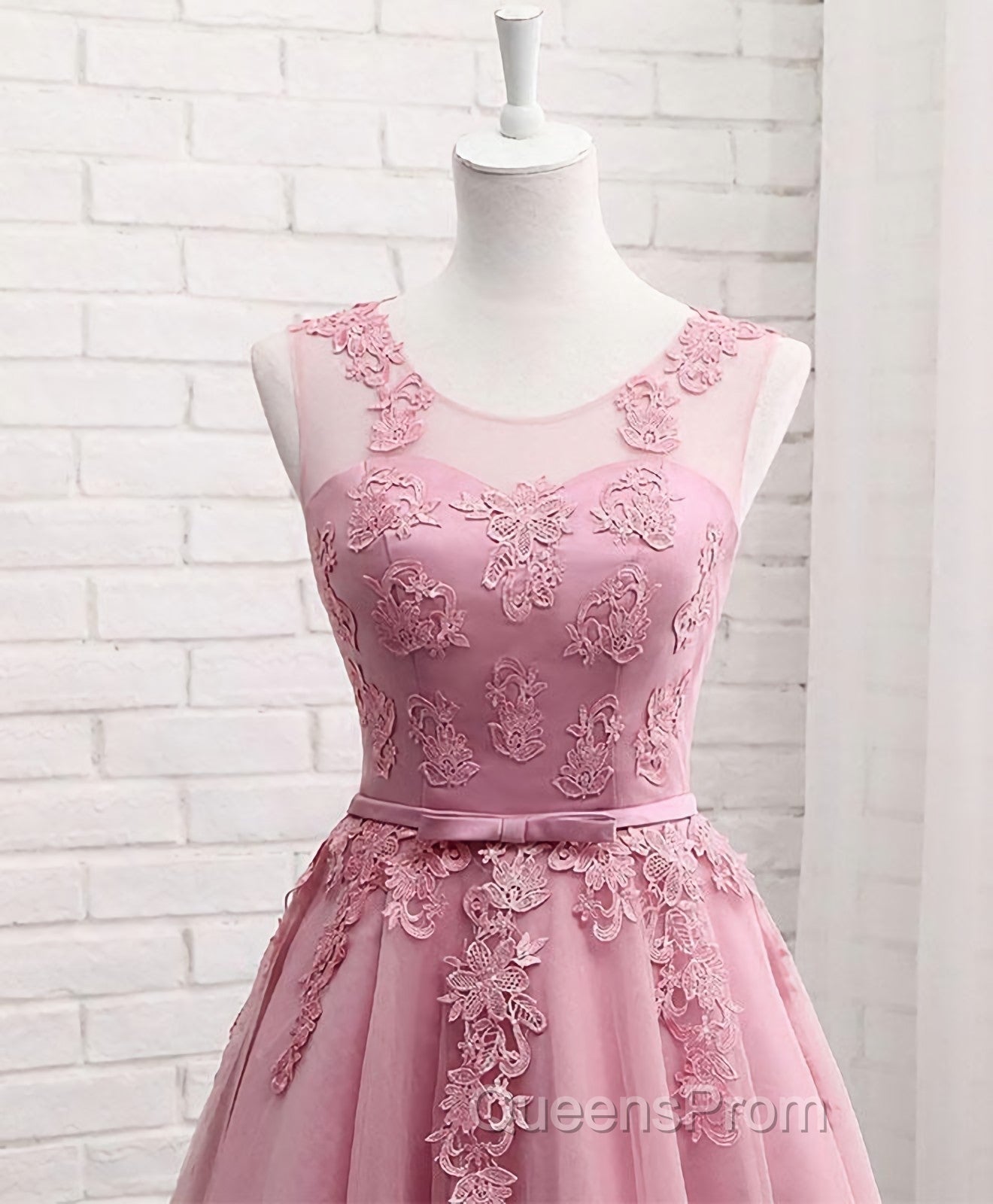 Pink Round Neck Lace Tulle Evening Prom Dress, Lace Evening Dress Secondary image