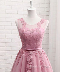 Pink Round Neck Lace Tulle Evening Prom Dress, Lace Evening Dress