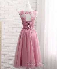 Pink Round Neck Lace Tulle Evening Prom Dress, Lace Evening Dress