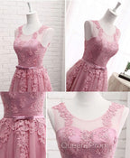 Pink Round Neck Lace Tulle Evening Prom Dress, Lace Evening Dress