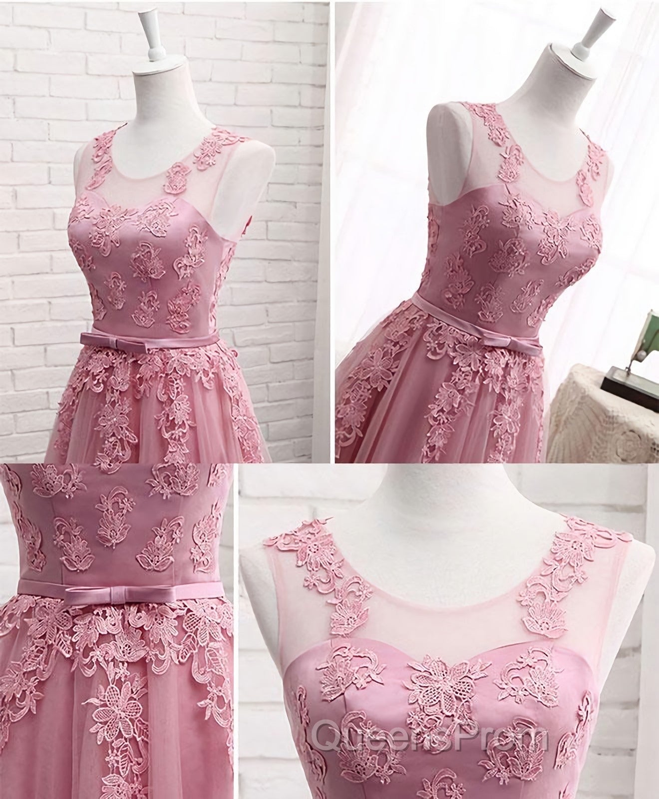 Pink Round Neck Lace Tulle Evening Prom Dress, Lace Evening Dress