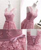 Pink Round Neck Lace Tulle Evening Prom Dress, Lace Evening Dress