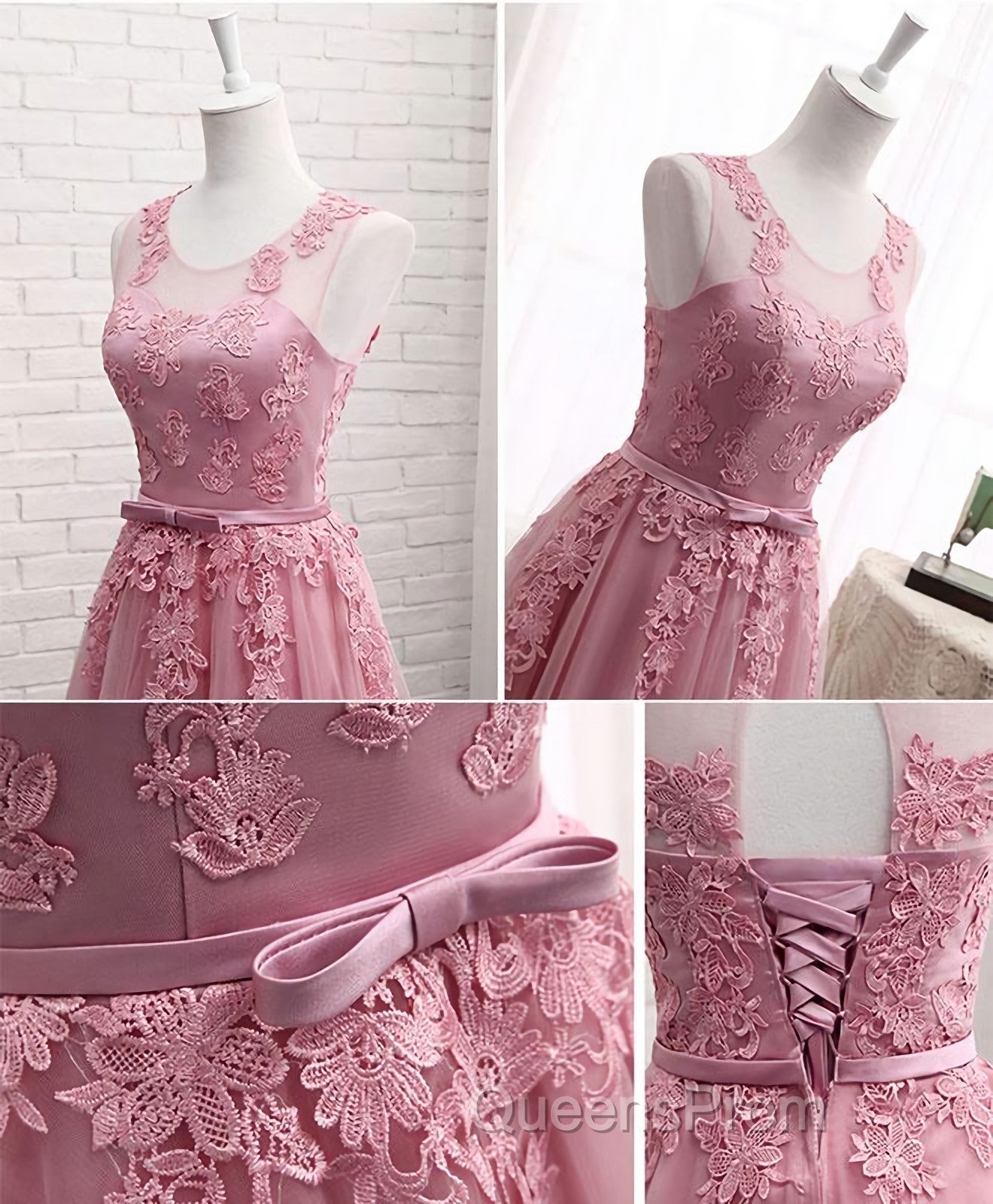 Pink Round Neck Lace Tulle Evening Prom Dress, Lace Evening Dress