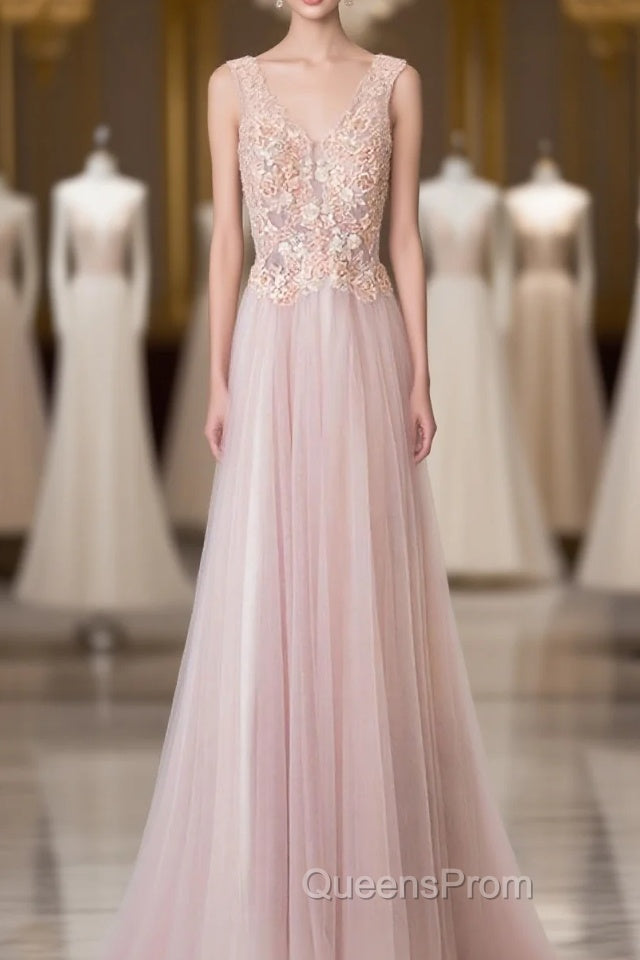 Pink V Neck Lace Long Evening Prom Dress, Cheap Evening Dress Main image