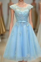 Light Blue Lace Tulle Short Evening Prom Dress, Homecoming Dress