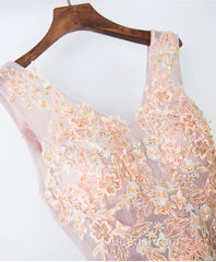 Pink V Neck Lace Long Evening Prom Dress, Cheap Evening Dress