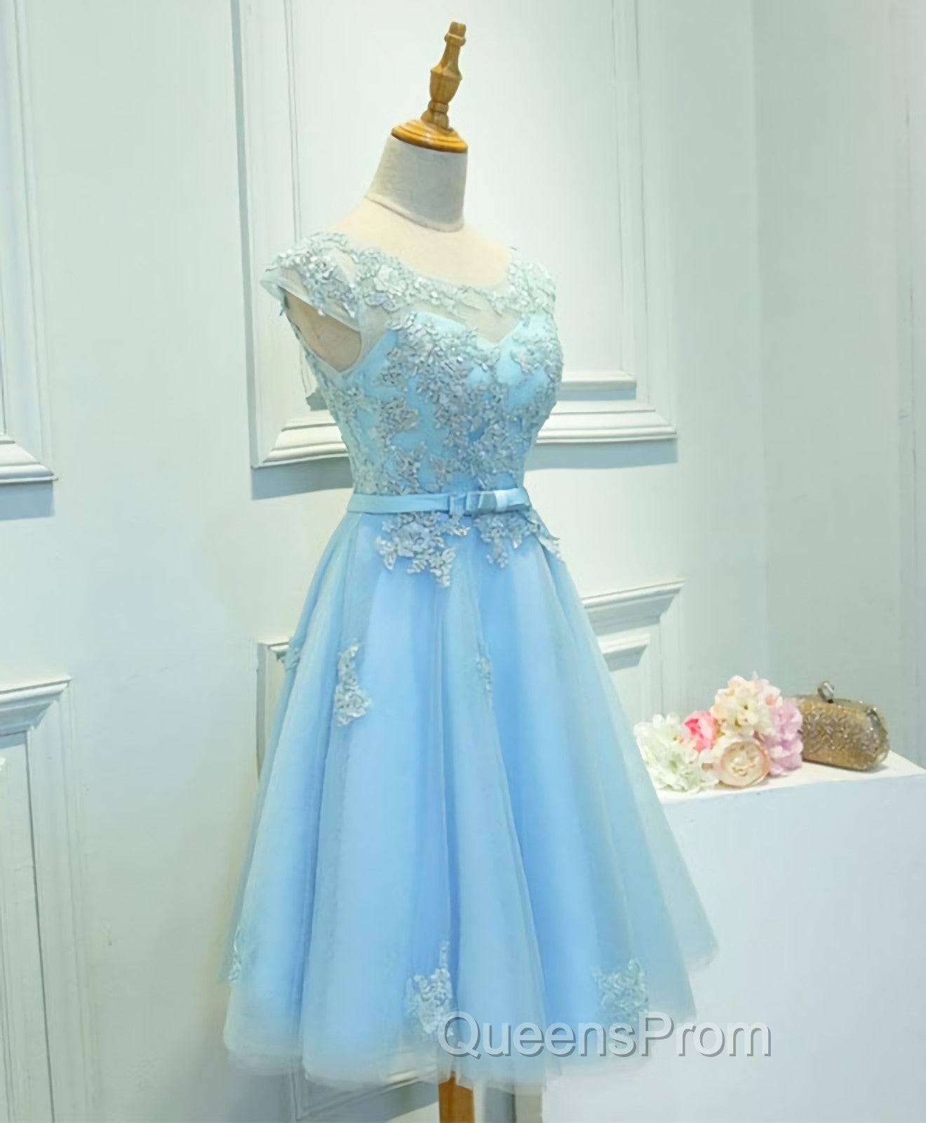 Light Blue Lace Tulle Short Evening Prom Dress, Homecoming Dress