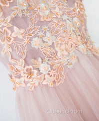 Pink V Neck Lace Long Evening Prom Dress, Cheap Evening Dress